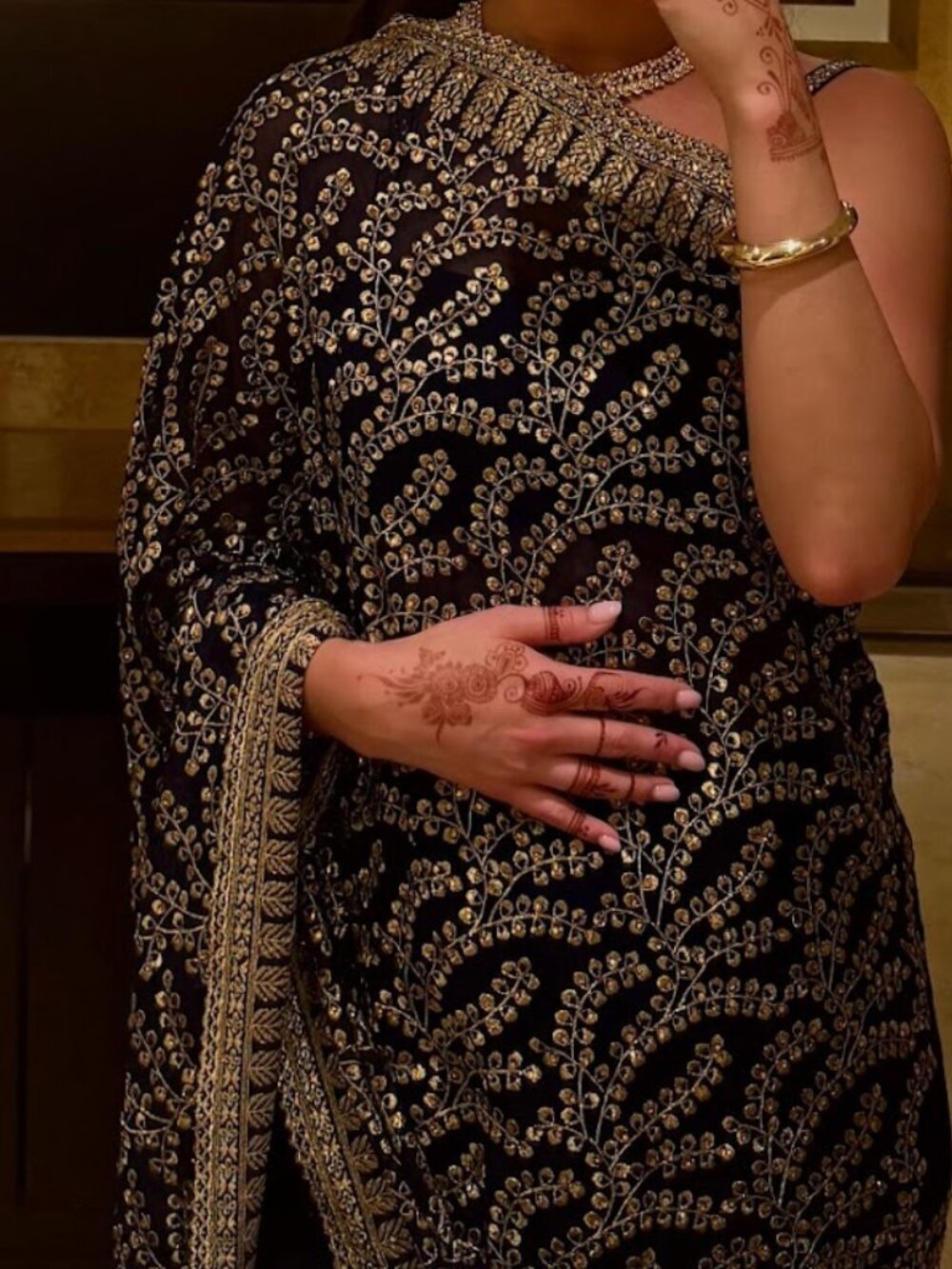 Midnight Blue and Gold Embroidered Saree Set